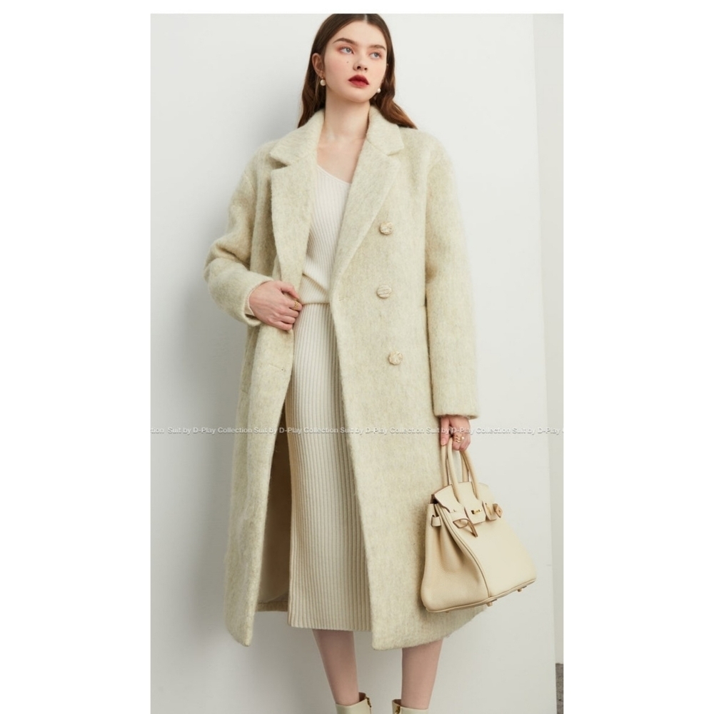 Women's Cream Double-Breasted Long Coat